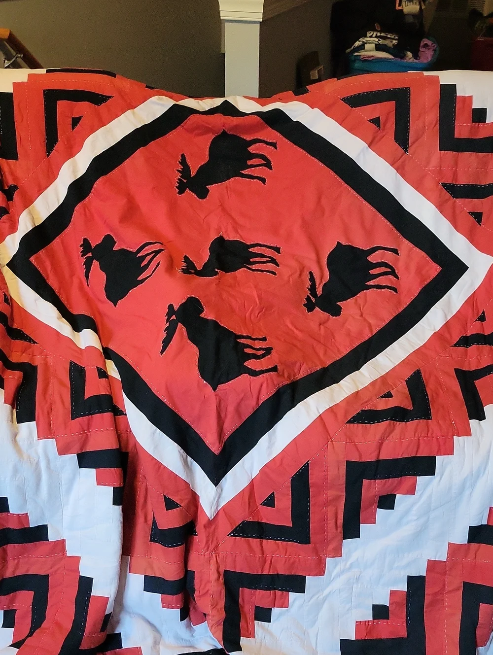 Red and Black Moose Patchwork Quilt With Bears On Reverse Side - Unbranded